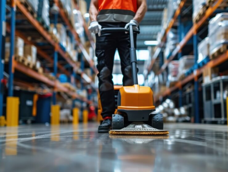 A worker in a high-visibility vest operates a floor cleaning machine in a large warehouse aisle, ensuring cleanliness and safety.